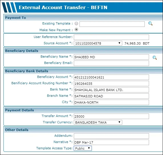 Electronic bank transfer receipt showing BEFTN and NPSB routing reference code