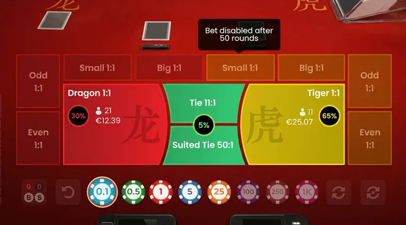 Dragon Tiger betting options including Dragon, Tiger, Tie, and Suited Tie 50:1 payout
