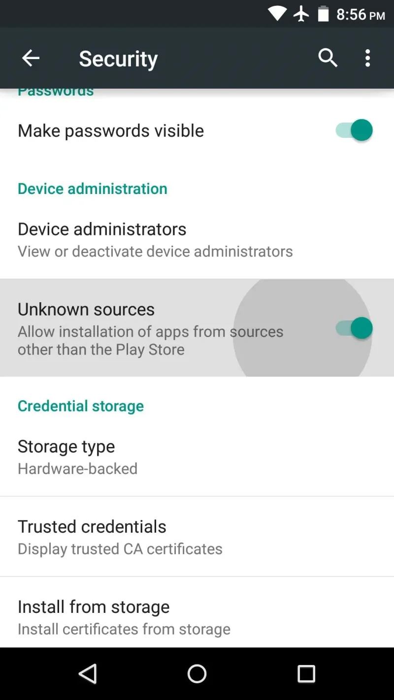 Android security settings toggle allowing APK installation from trusted sources