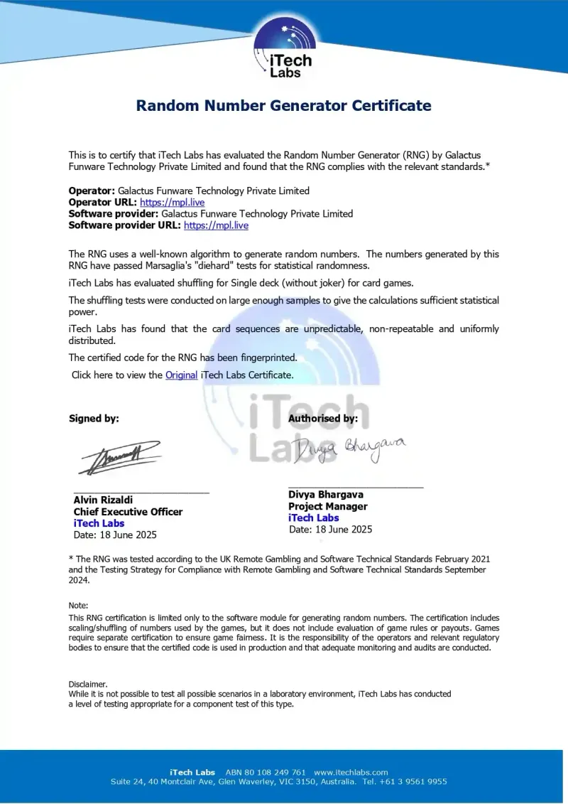 Random Number Generator testing certificate confirming fair gaming odds
