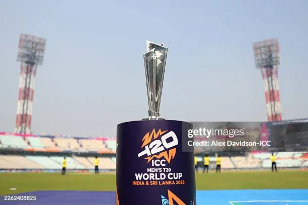 ICC T20 World Cup trophy and tournament celebration under stadium lights