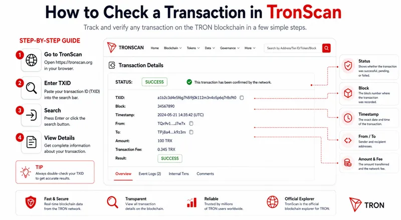 Tronscan blockchain explorer verification showing confirmed TRC20 transfer status